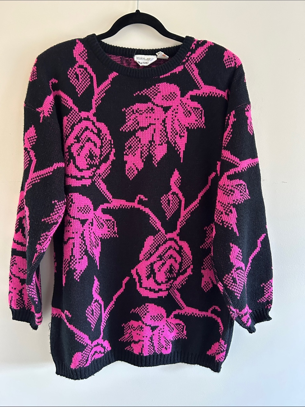 Vintage 80s Black & Hot Pink Floral Crewneck Sweater, Size L/XL